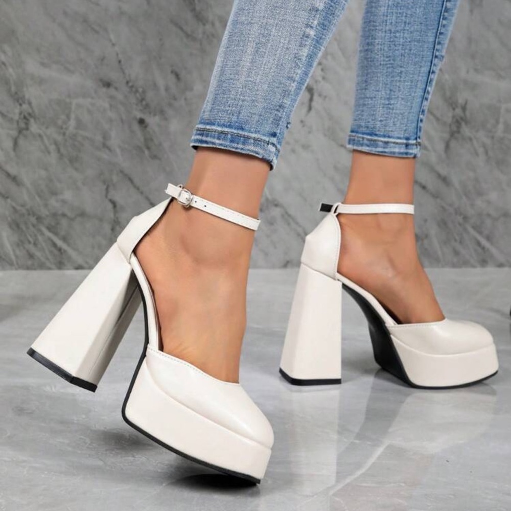 Women’s White Platform Block Heel Ankle-Strap Pumps